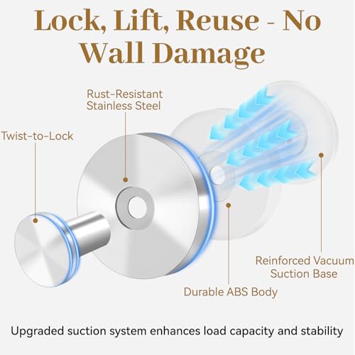 TACGEA Suction Cup Hooks, Removable Heavy Duty Shower Hooks - Brushed Silver 4 Pack