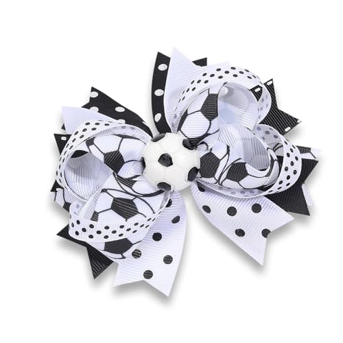 Soccer Hair Clips Black and White Ribbon Bows for Players and Fans
