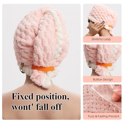 Extra Large Hair Drying Towel with Elastic Strap - Soft Coral Fleece, 19.7x31.5 inch, Pink
