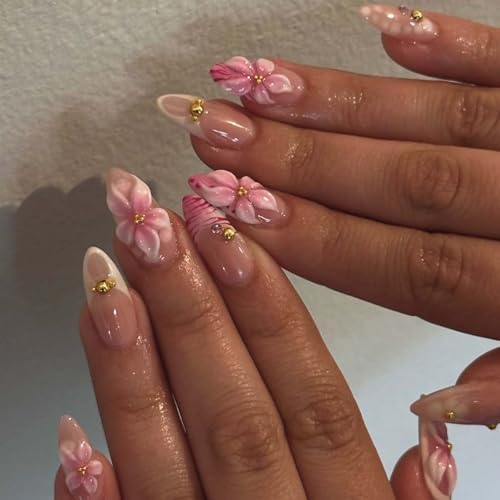 Flower French Tip Press On Nails Medium Almond Pink Fake Nails With Rhinestones