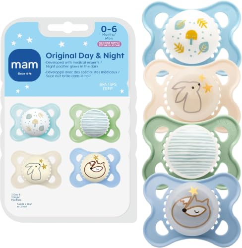 MAM Original Baby Pacifiers 0-6 Months, Artic Blue/Ivory, 4 Count - BPA-Free Silicone, Glows in the Dark