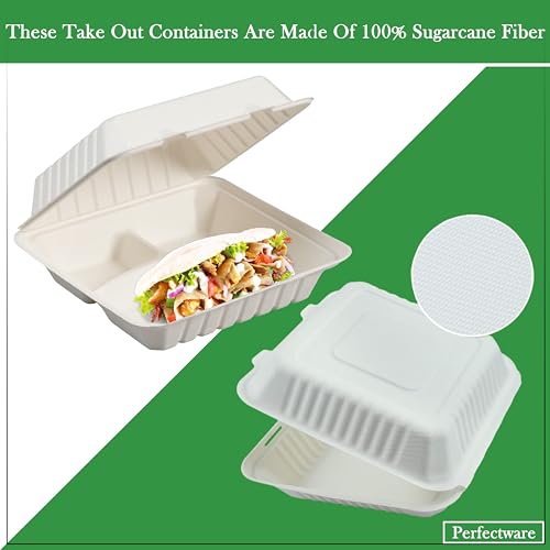 100% Compostable 3 Comp Take Out Food Containers 9x9x 3. 200 Containers, Natural Disposable Bagasse, Eco-Friendly Biodegradable Made of Sugar Cane
