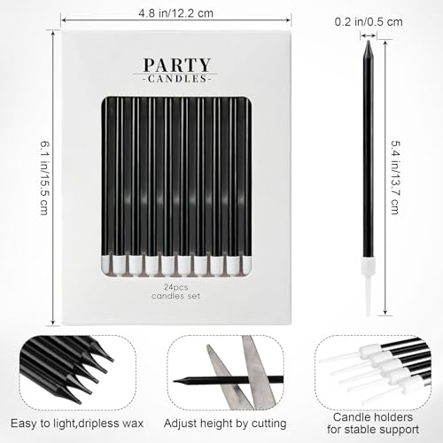 Black Long Thin Birthday Candles 24-Pack Tall Cake Toppers Party Supplies