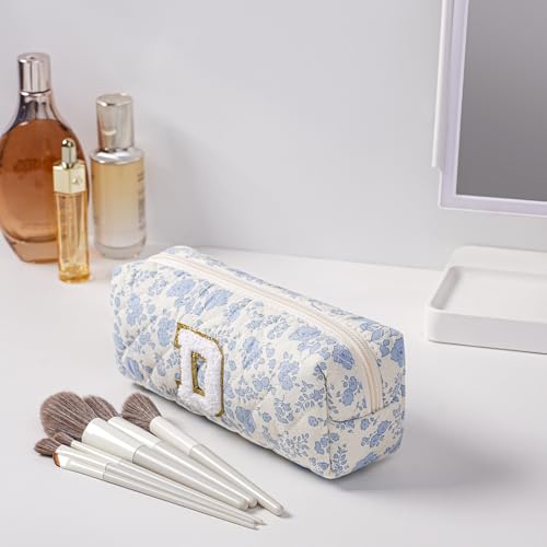 JOVAKIT Blue Floral Alphabet Makeup Bag - Travel Toiletry Pouch Organizer