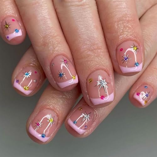 IMRAIN Short Square Press On Nails Glossy Pink French Tips Rhinestone Star