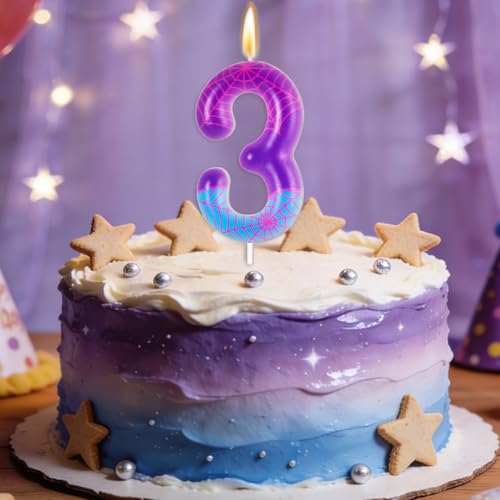 Ghost Spider 3rd Birthday Cake Candle - Purple & Pink Number 3