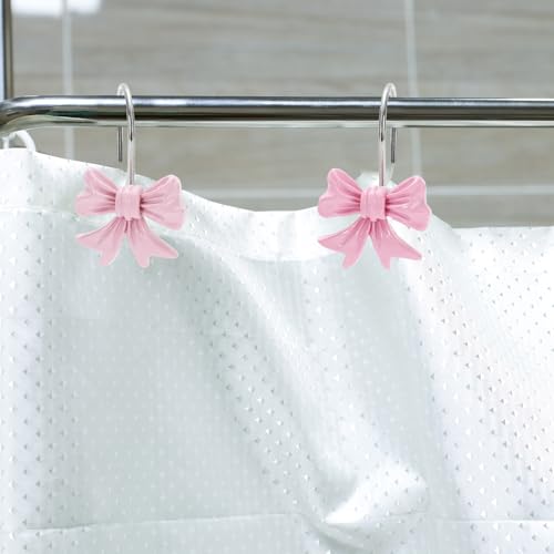 FYSUIMU 12Pcs Decorative Shower Curtain Hooks - Pink & White Bow