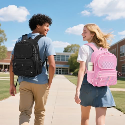 MUSEVOS Pink Mesh Backpack, Large See-Through Stadium Approved Bookbag