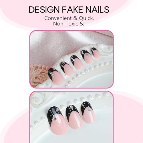 Black French Tip Press On Nails Medium Almond Fake Nails with Silver Stars
