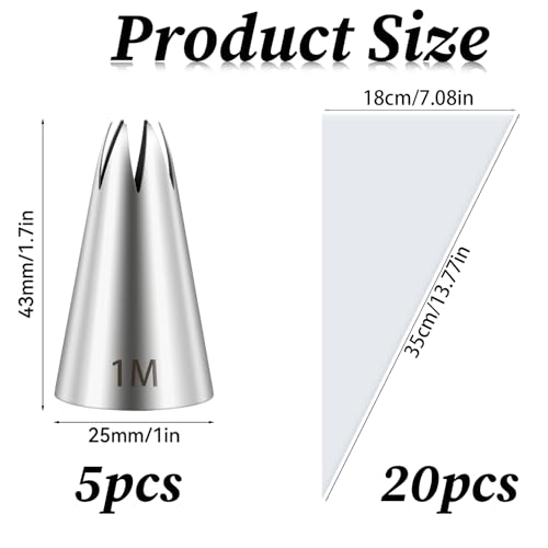 1M Piping Tips & Bags Set - 5 Stainless Steel Tips + 20 Bags