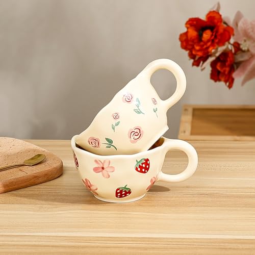 Ceramic Coffee Mug 9 oz Pink Rose Floral Tea Cup - Handcrafted Kitchen Drinkware