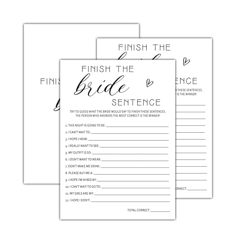 Minimalist Bridal Shower Game Cards - Finish The Bride Sentence 25 Pack