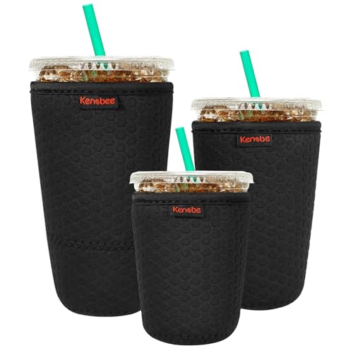 KENOBE Neoprene Iced Coffee Cup Insulator Sleeves, 3-Pack - Black