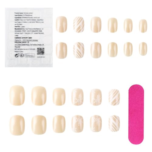 Christmas Short Square Press on Nails Winter Snowflake False Nails 24Pcs