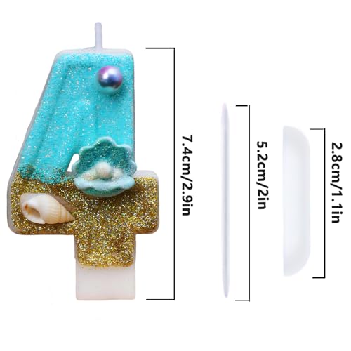 Blue Ocean Glitter Number 4 Birthday Candle with Pearls and Shells