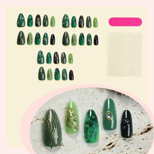 Green Press on Nails Medium Almond Fake Nails with Rhinestones 24 Pcs