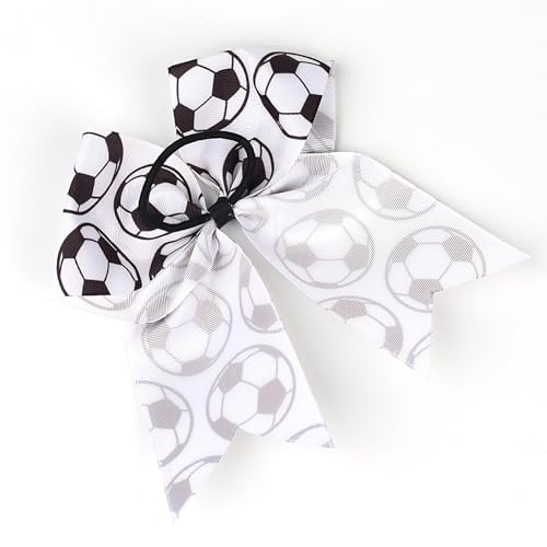 JazSwirl Soccer Hair Bow with Ponytail Holder, Black and White Grosgrain Ribbon