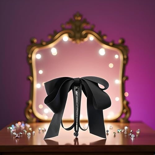 Black Satin Ribbon Bow Hair Claw Clip Vertical Ponytail Banana Barrette