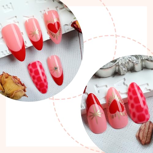 Red French Tip Press On Nails with Rhinestones Medium Almond False Nails 24pcs