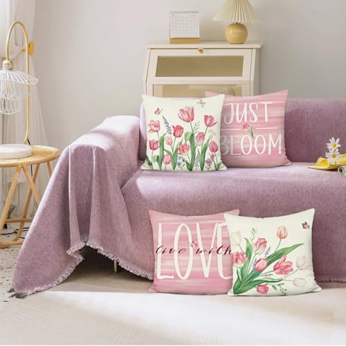 Bonhause Pink Tulip Throw Pillow Covers, 18x18 Inch Floral Cushion Cases (Set of 4)