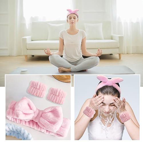 JYOUX 3PCS Fluffy Bow Spa Headband and Absorbent Wrist Strap Set