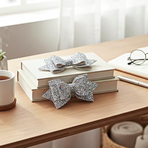 Silver Glitter Hair Bows 5.3 Inch Sparkly Alligator Clips 2 Pcs