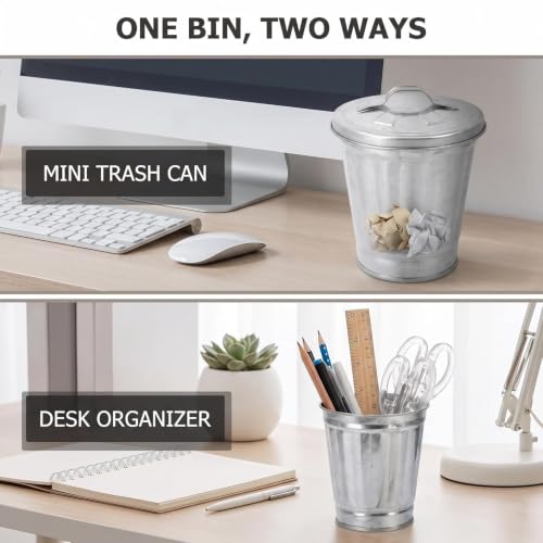 Mini Silver Galvanized Trash Can with Lid – Compact Wastebasket