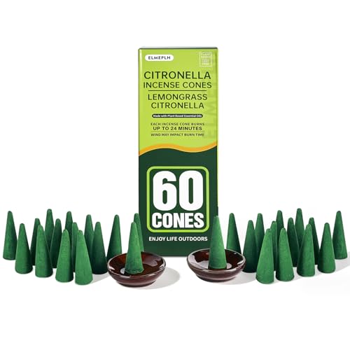 60 Citronella Incense Cones for Outdoor Patio with 2 Ceramic Dishes