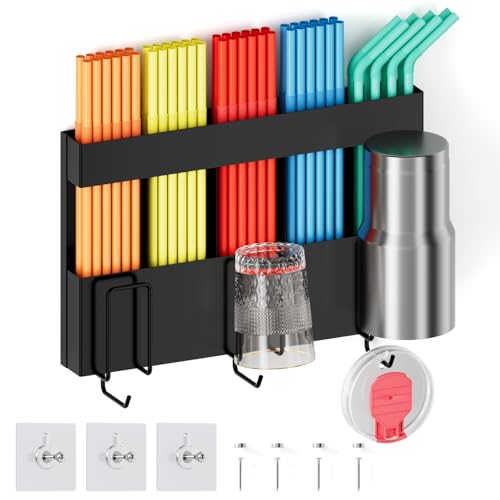 Magnetic Metal Straw Holder with Adhesive Hooks - Black
