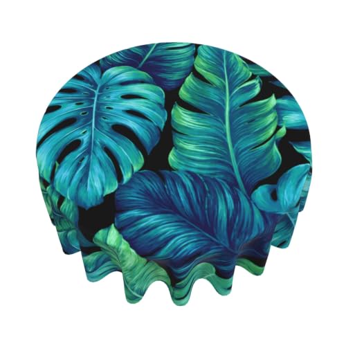 Tropical Palm Leaf Round Tablecloth - Hawaiian Style Outdoor Indoor 60x60 Inches - Leaf Variation