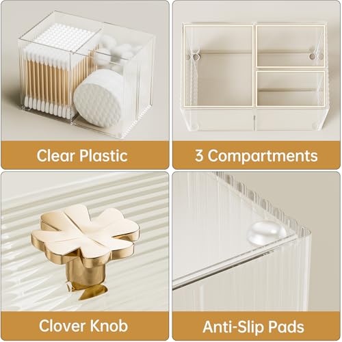 Oasiteege Clear Plastic 3 Slots Q Tip Holder with Lid & Non-slip Base
