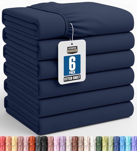 Utopia Bedding Queen Fitted Sheet Set - Navy, Pack of 6, 15-Inch Deep Pocket