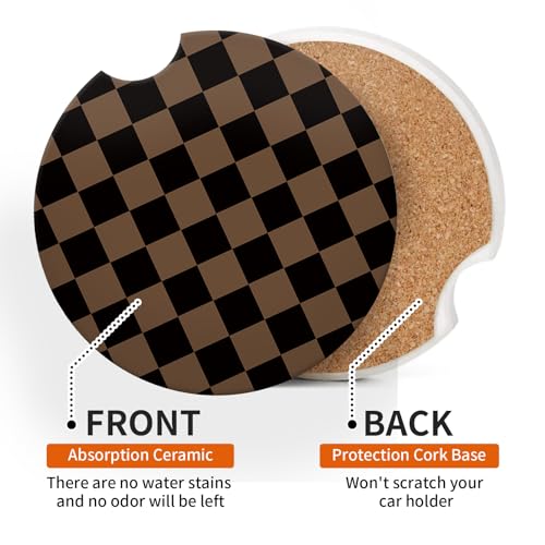 Khaki Checkered Ceramic Car Coasters - 2 Pack with Cork Base