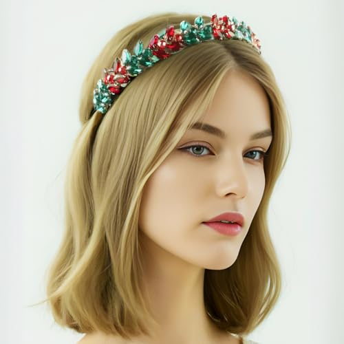 Brihasory Christmas Rhinestone Bridal Headband Red Green Hair Vine