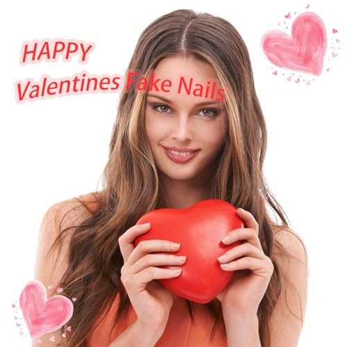 Valentine Press on Nails Medium Square Red Heart Acrylic Nails 24 Pcs