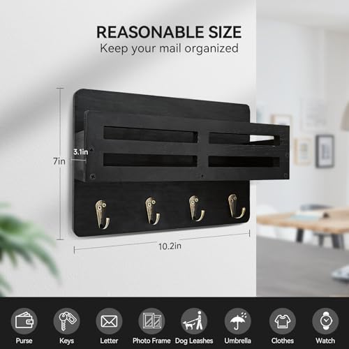 KISENG Rustic Wall-Mounted Key and Mail Holder, 10.2-Inch Black Key Rack