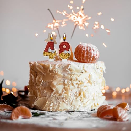 VSHILI Number 48 and 84 Birthday Cake Candles Red Gold Glitter Bow