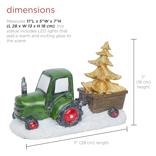 Alpine Corporation Holiday Green Tractor Pulling Tree Statue with LED Lights