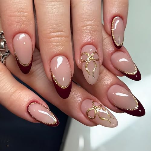 Red French Tip Press on Nails Medium Almond with Gold Bow & Glitter