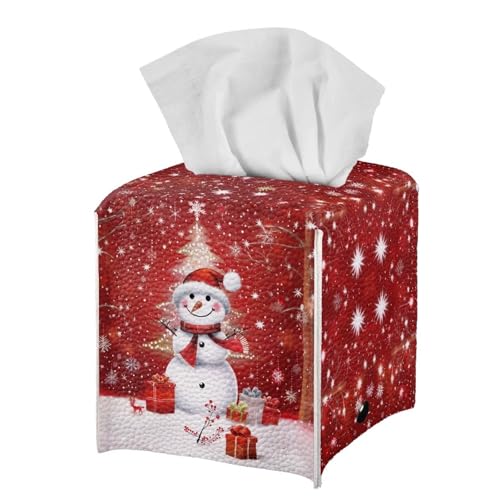 Doginthehole Xmas Snowman Tissue Box Cover - Cute Christmas Home Decor, Square PU Leather Dispenser with Belt Bottom