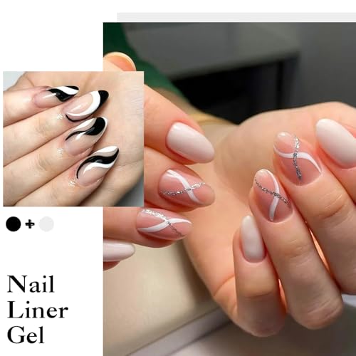 MEET ACROSS Black and White Nail Art Liner Gel Polish Set with Built-In Brush