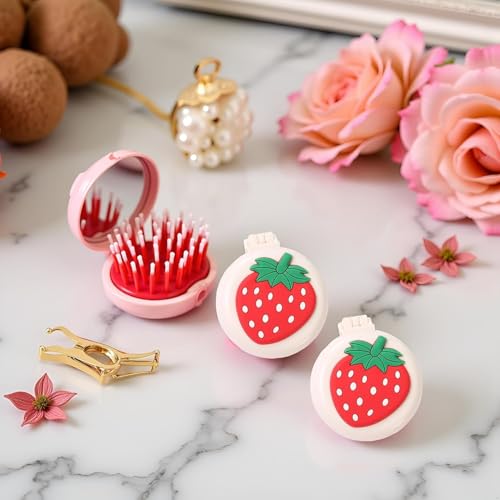 ZLmoue 2-Pack Strawberry Travel Hair Brush with Built-in Mirror