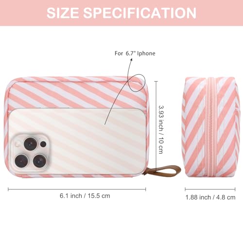 DOB SECHS Mini Striped Nylon Cosmetic Bag & Travel Makeup Pouch, Pink