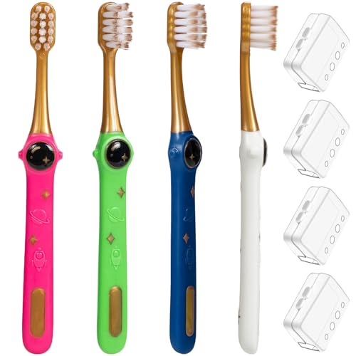 PRASBURR Kids Soft Bristle Toothbrush 4-Pack with Caps Space Theme