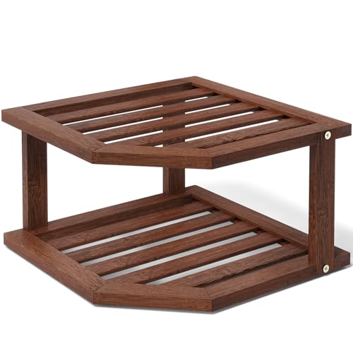 VERTORGAN 2 Tier Bamboo Plate Organizer - Brown Corner Shelf