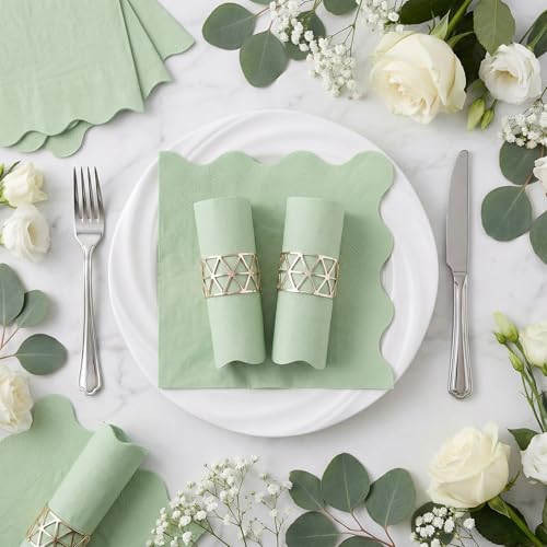 80 Sage Green Scalloped Cocktail Napkins | 2-Ply Disposable Paper Napkins for Parties