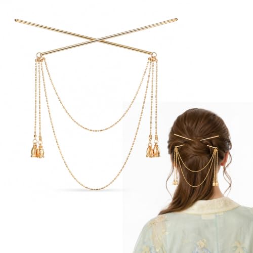 Vintage Gold Hair Pins with Tassel Chains Chinese Style Hair Stick