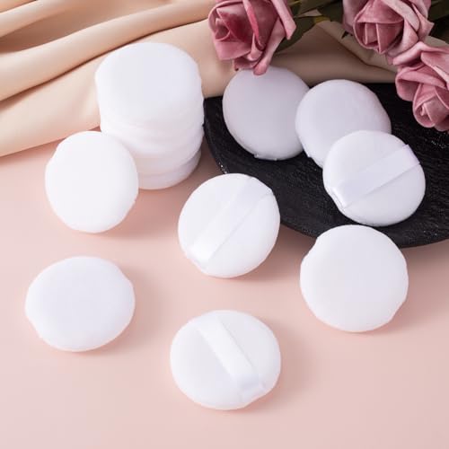 Pndeyo 10pcs Mini Velour Powder Puffs with Strap, Soft Round Face Makeup Sponges for Loose Powder and Foundation, White