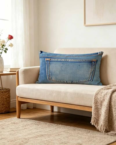 12x20 Faux Denim Throw Pillow Cover with Printed Jean Pocket Design