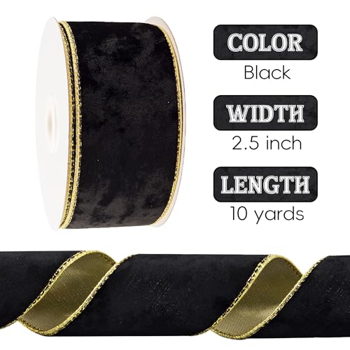 Black Velvet Ribbon 2.5 Inch x 10 Yards for Christmas Decor